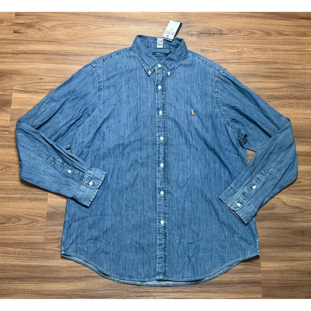 Polo Ralph Lauren Mens Classic Fit Denim Dark Chambray Button Up Shirt Sz XL